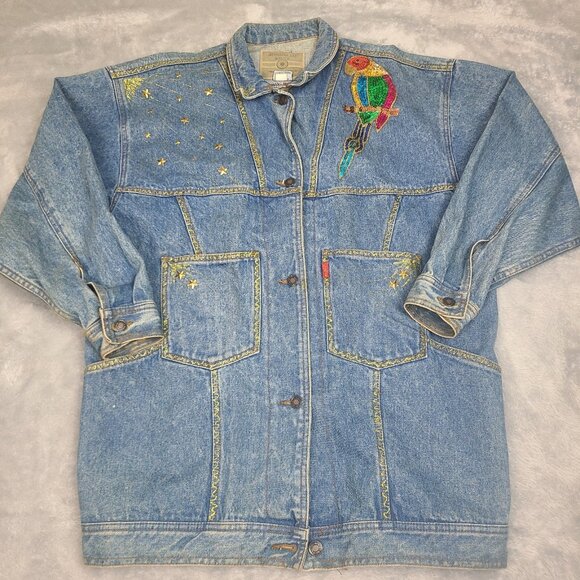 Vintage Jordache Denim Jacket  Embellished Sequined Acid Wash Parrot Design Sz L - Picture 1 of 16